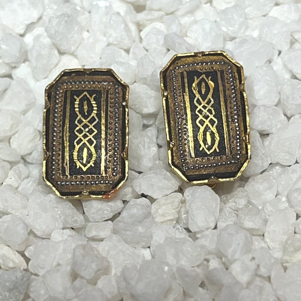 Vintage Damascene Spain Rectangular Clip-On Earrings